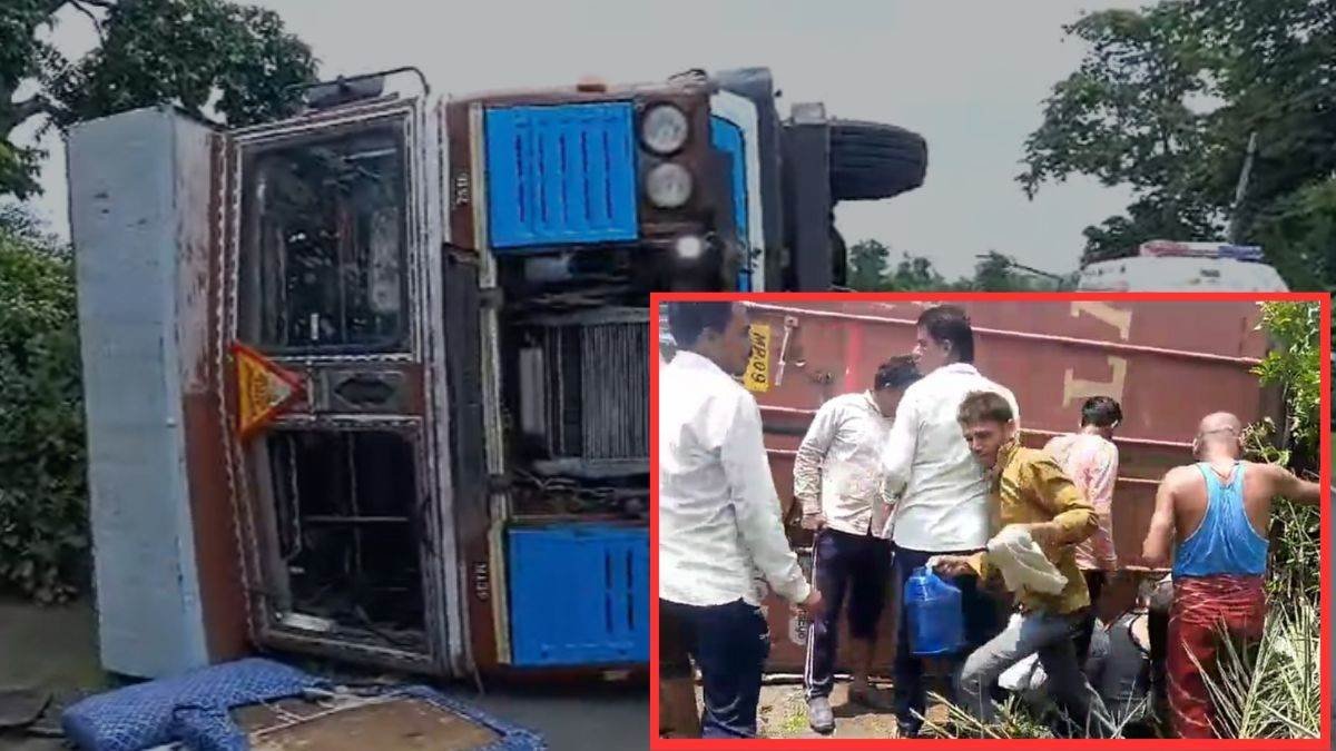 कंटेनर पलटते ही मची शराब की लूट, गैलनों में भर-भरकर ढोने लगे लोग, पुलिस पहुंची तो…